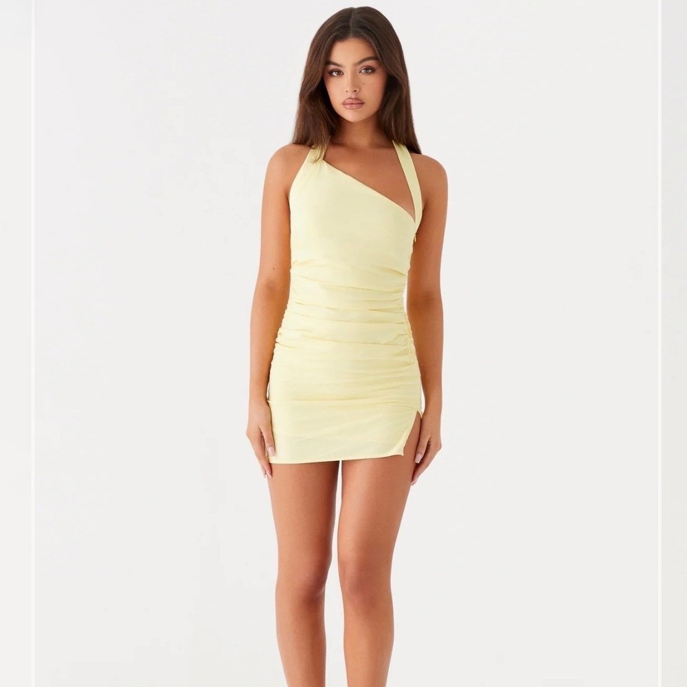 Annalissa NWT Linen Mini Dress Womens US 0 Yellow Ruched One Shoulder Halter